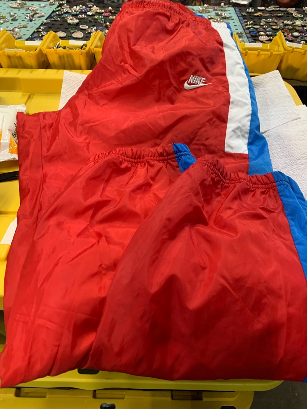Nike XXL Red Track Pants with Blue and White Side Panels Mesh lining.